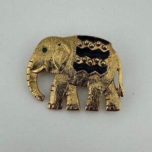Vintage SFJ signed Gold Tone and Black Elephant With Green Gem Eye Brooch